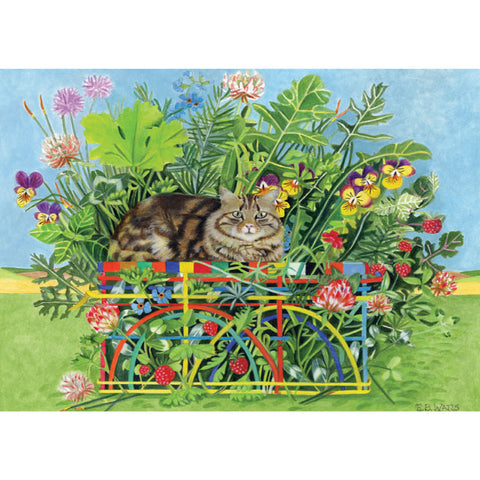 E B Watts, Cat In a Basket of Herbs and Wild Flowers, Blank Art Card