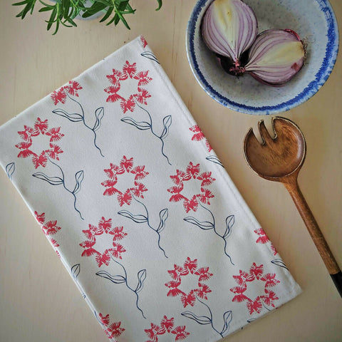 Organic Tea Towel - Machair Flower Red