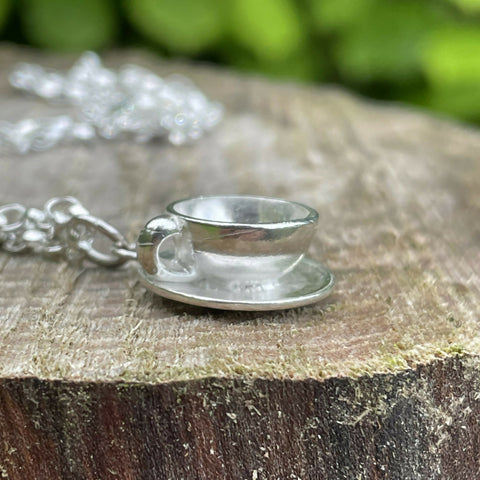 Silver Coffee Tea cup and Saucer Pendant Necklace