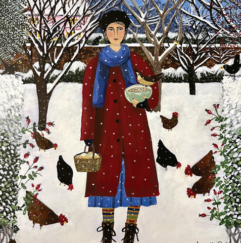 Marcella Cooper, Feeding The Birds On A Snowy Day, Fine Art Greeting card