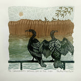 Cormorants Drying Off in the Sun - Linocut print