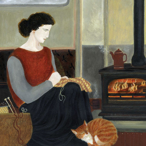 Dee Nickerson, Sewing By the Woodburner, Blank Art Card