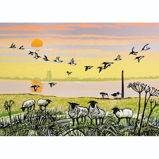 Rob Barnes, Water's Edge (with sheep), Blank Art Card