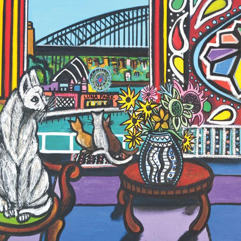 Tracey Esteves, Cats Overlooking Sydney Harbour, Fine Art Greeting Card