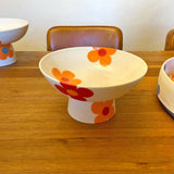 Big Blossom Pedestal Bowl - Handmade Painted Porcelain - HOT ORANGE WITH RED