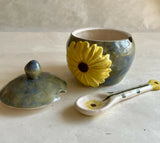 Handmade Ceramic Sunflower Bowl with Lid and Spoon
