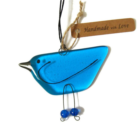 Bright Blue - Fused Glass Hanging Bird