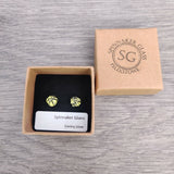 Claire Fernig Spinnaker Glass Golden Crackle 925 silver dichroic stud earrings in recycled card box