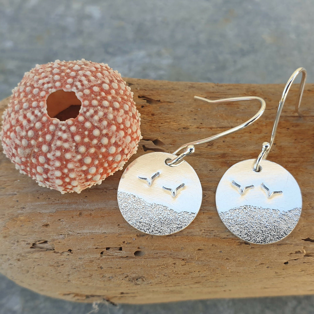 Circular Sterling Silver Beach and Seagull Earrings