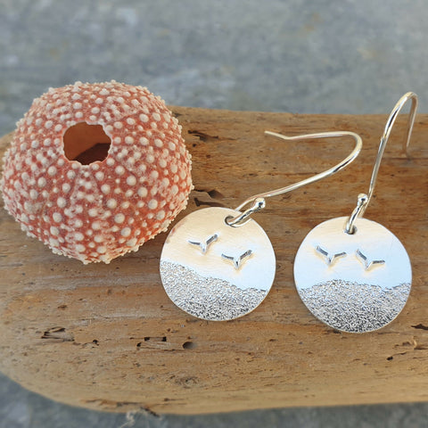 Circular Sterling Silver Beach and Seagull Earrings