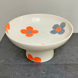 Big Blossom Pedestal Bowl - Handmade Painted Porcelain - HOT ORANGE WITH GREY