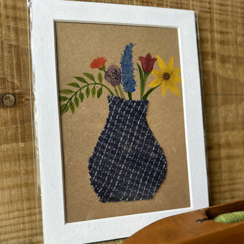 Blue Mini Check Vase of Flowers - Mounted Original Artwork with British Wool Fabric Remnants and Watercolour Details