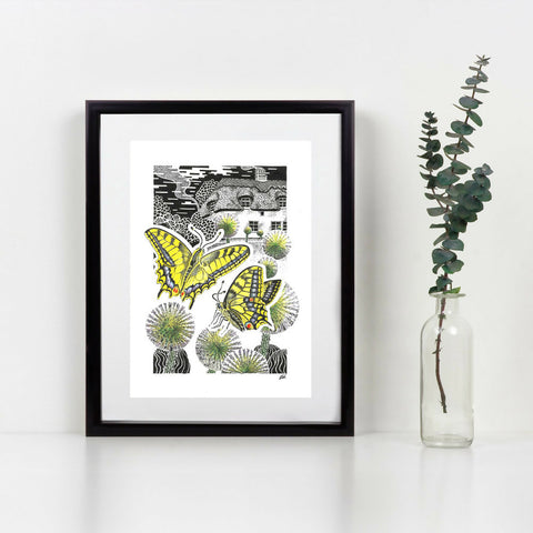 Thatched Cottage, Swallowtails and Echinops Print - Hand Drawn Ink Line and Crayon