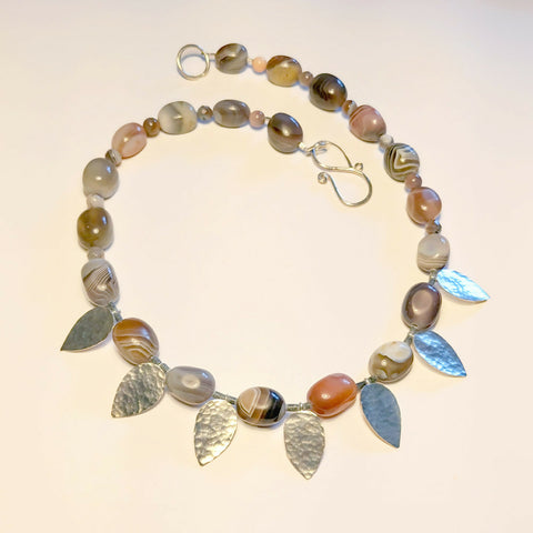 Botswana Agate & Silver Leaves Necklace