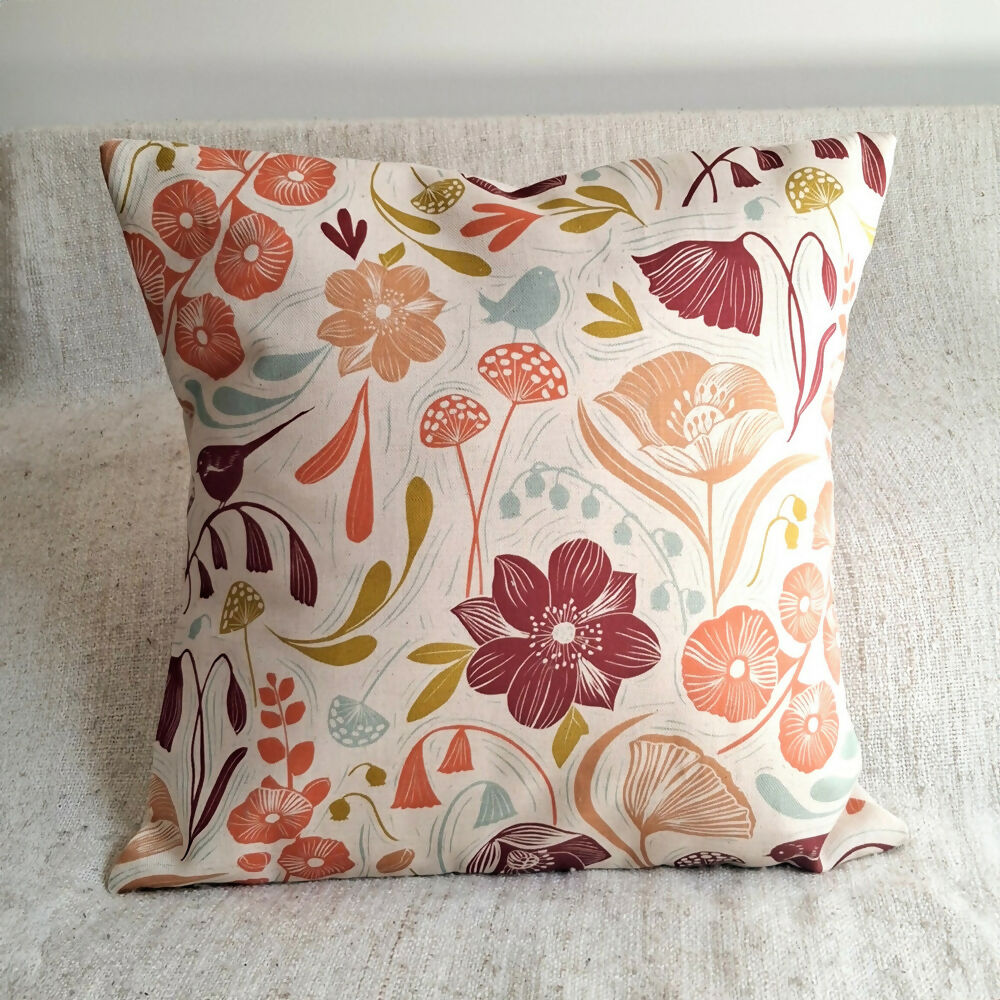 Blooms & Birds Cushion Cover - Natural Cotton Linen Blend