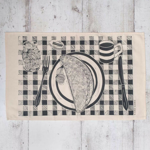 Cotton Tea Towel with Cornish Pasty on a Plate Lino Print