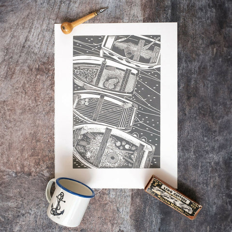 Four Rowing Boats From Above in French Grey, St Ives, Cornwall Lino Print