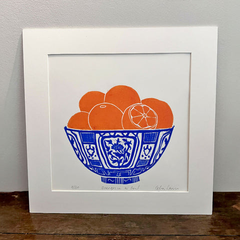 Oranges in a Bowl - Linocut print