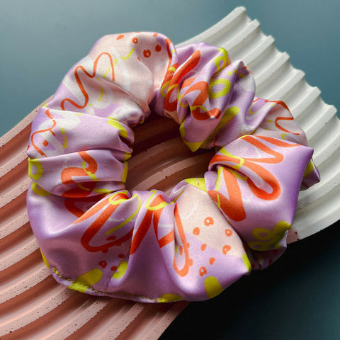 Large Lilac Abstract Print Satin Eco Scrunchie