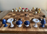 Handmade Ceramic Mushroom Chess Set with Solid Elm Wood Board