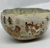 Handmade Stoneware Illustrated Bowl - Chickens, Cow Horse and Pigs