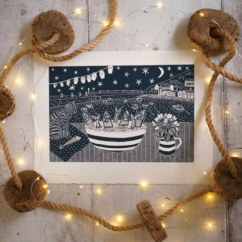 Stargazy Pie, Tea Time at Mousehole, Cornwall Lino Print