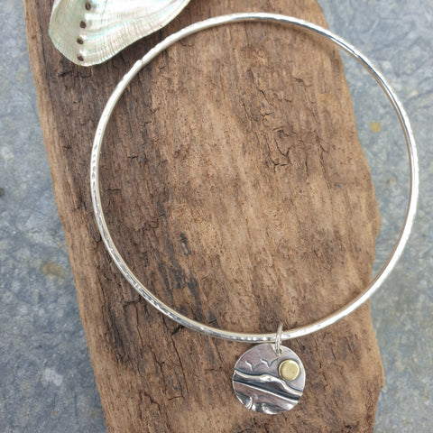 Sterling Silver Bangle With Coastal Scene Charm - Hallmarked