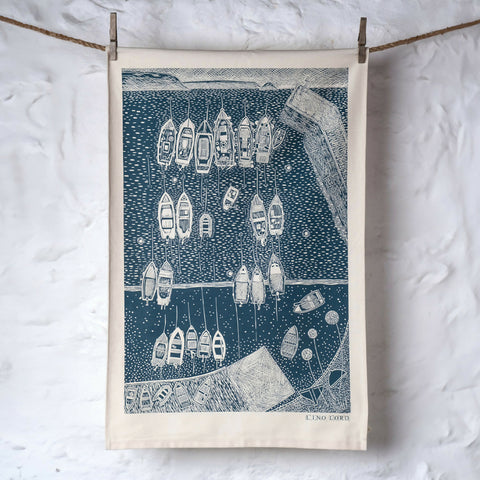 Organic Cotton Tea Towel with End of the Day, Portscatho Lino Print