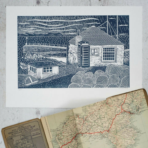 The Lugger, Portscatho Limited Edition Lino Print