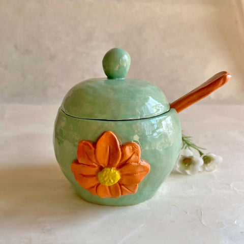 Handmade Ceramic Flower Lidded Bowl and Spoon