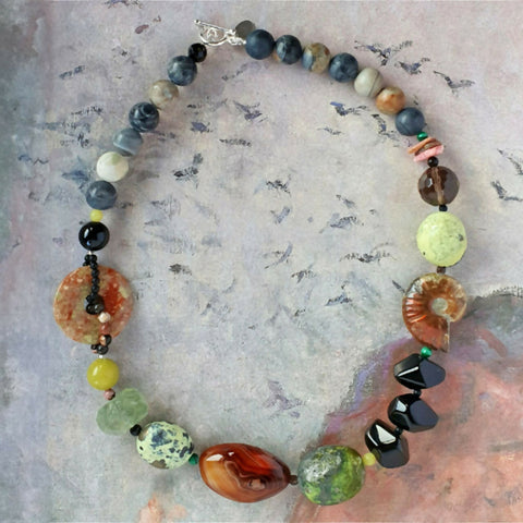 Earth Rock Necklace - Gemstones and Ammonite Fossil