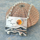 Silver Beach Landscape Pendant - Amber Sun and Seagulls