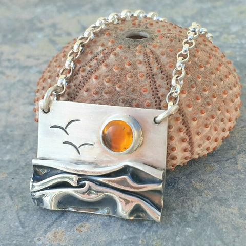Silver Beach Landscape Pendant - Amber Sun and Seagulls