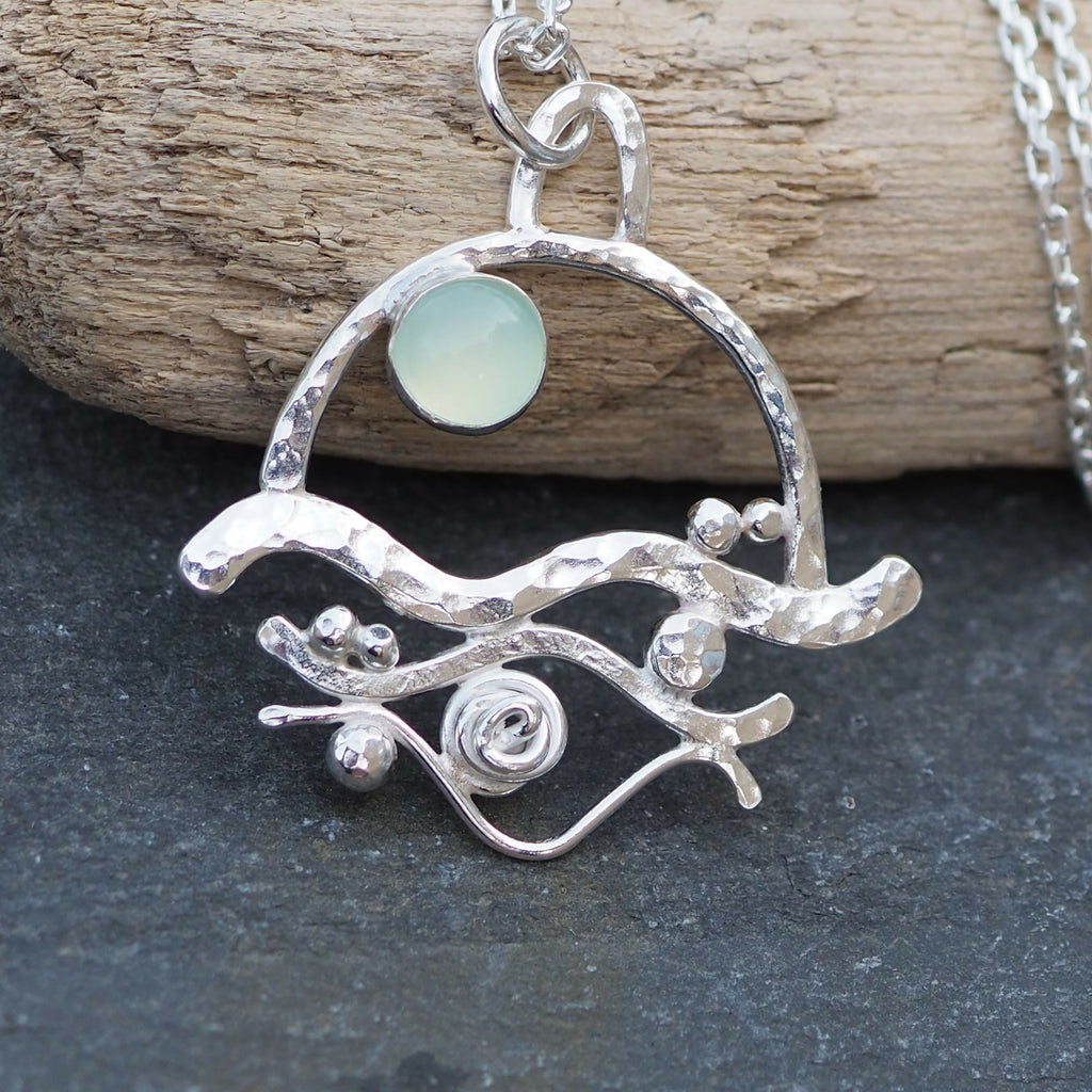 Silver Abstract Seascape and Chalcedony Pendant Necklace