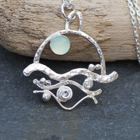 Silver Abstract Seascape and Chalcedony Pendant Necklace