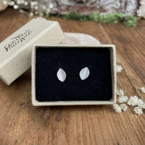 Frosted Silver Leaf Stud Earrings - Handmade Sterling Silver Earrings