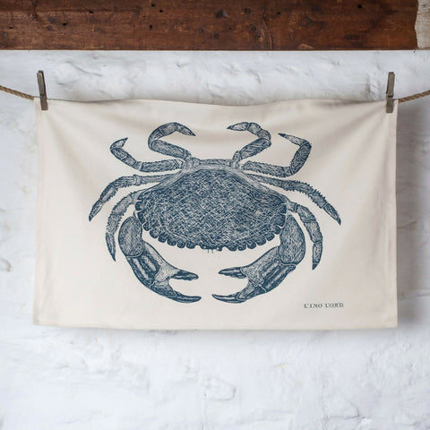 Organic Cotton Tea Towel with Brown Crab Lino Print