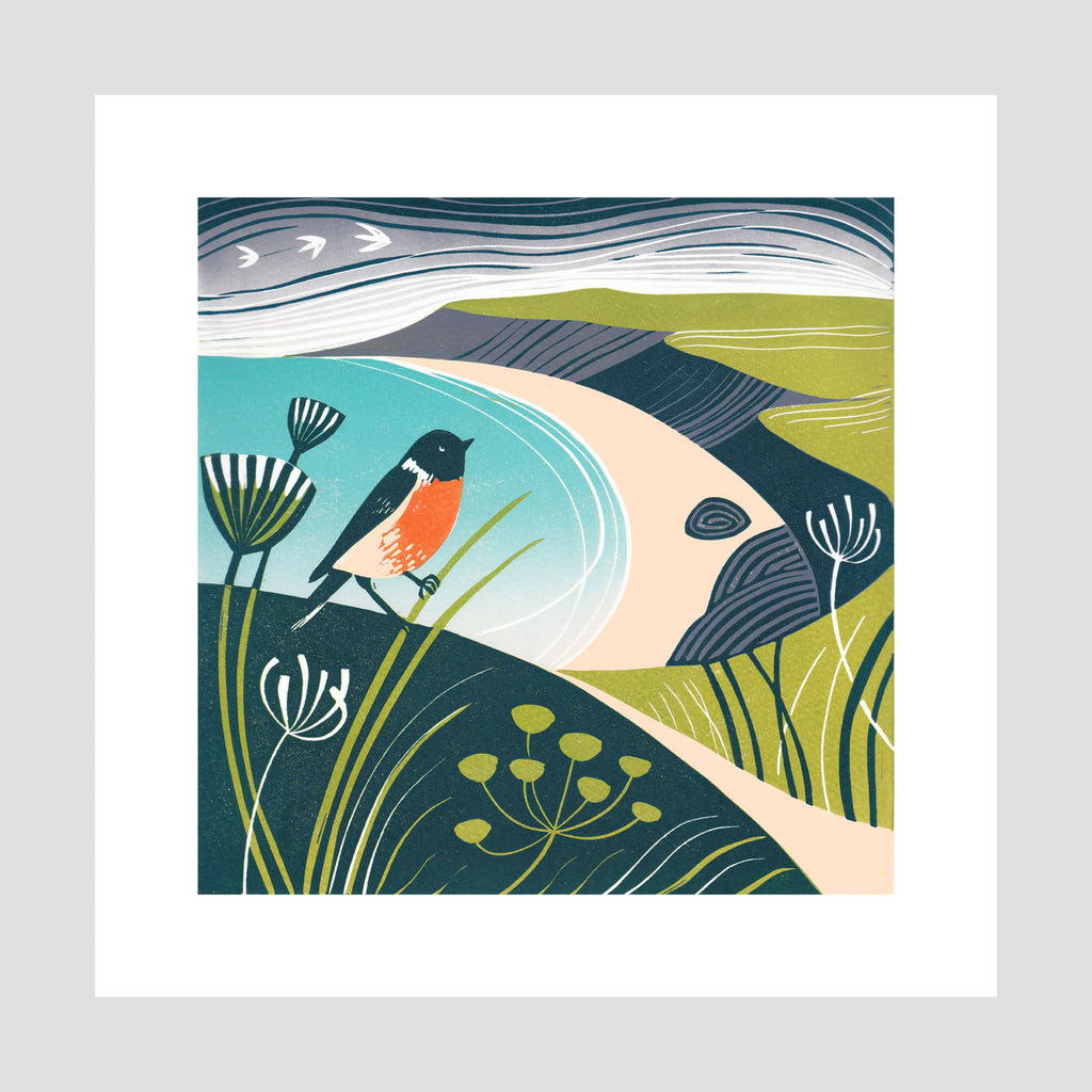 Stonechat, Lantic Bay - Original Lino Print