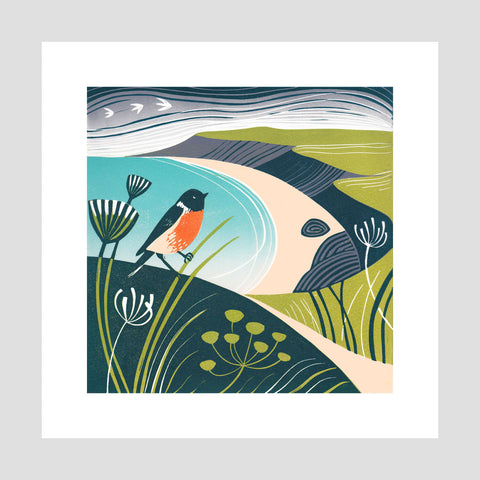 Stonechat, Lantic Bay - Original Lino Print
