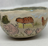Handmade Stoneware Illustrated Bowl - Chickens, Cow Horse and Pigs