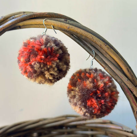 Brown, Beige & Red Orange Pom-pom Earrings - Hand Dyed British Wool
