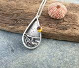 Sterling Silver Teardrop Beach Scene Pendant With Amber