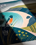 Stonechat, Lantic Bay - Original Lino Print