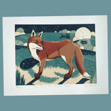 The Fox and the Fallen Tree - Original Linocut Print 2