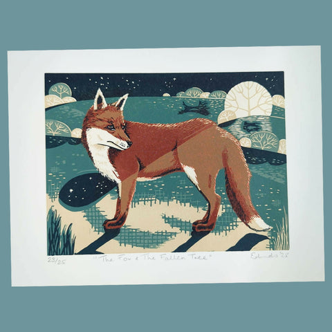 The Fox and the Fallen Tree - Original Linocut Print 2