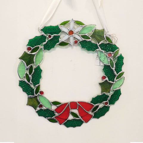 Stained Glass Everlasting Christmas Wreath - Red Bow