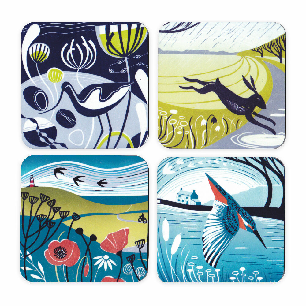 Set of 4 Coasters - Colourful Lino Print Designs