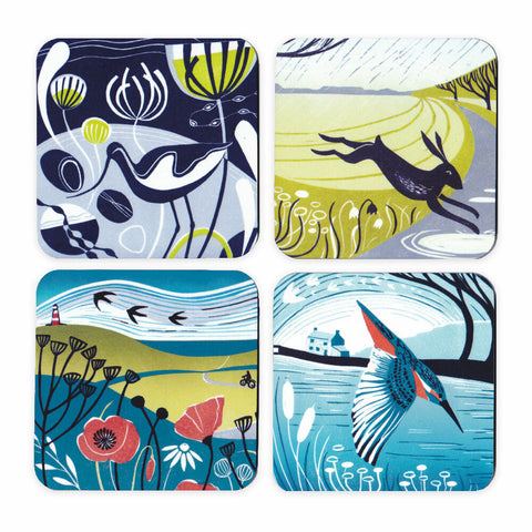 Set of 4 Coasters - Colourful Lino Print Designs