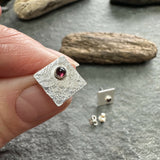 Square Silver and Garnet Stud Earrings