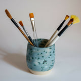 Beaker, Budvase, Pen Pot - Ceramic in matt blue grey, metallic spots with blue halo